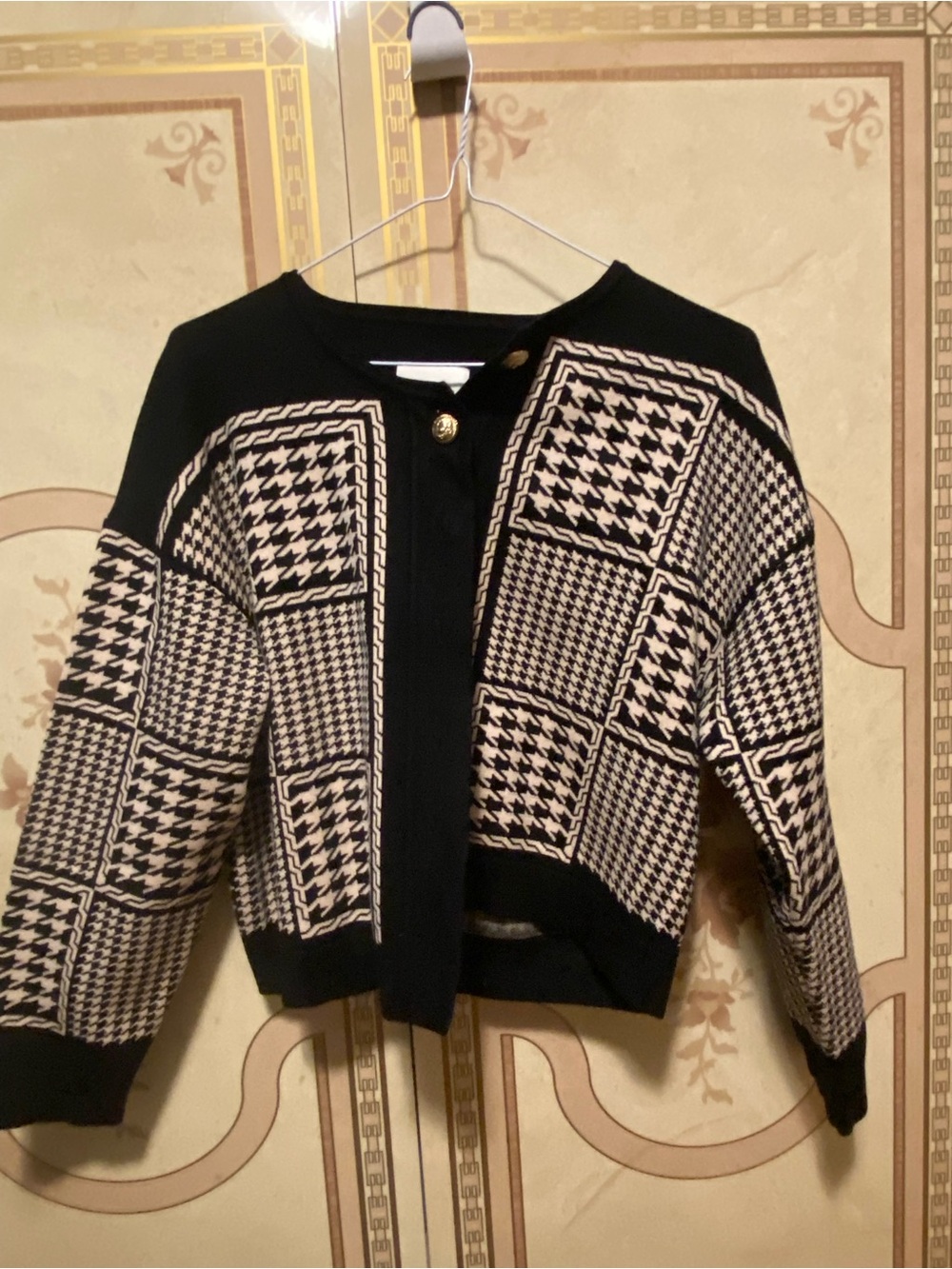 Sandro Black & Cream Houndstooth Knit Jacket - Women's Patchwork knit cardigan